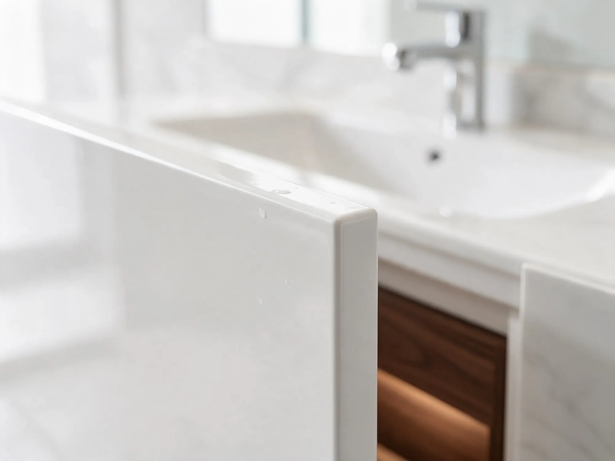 Parlak beyaz banyo dolabı kapağının bantlanmış kenarı, arkada lavabo ve krom armatür