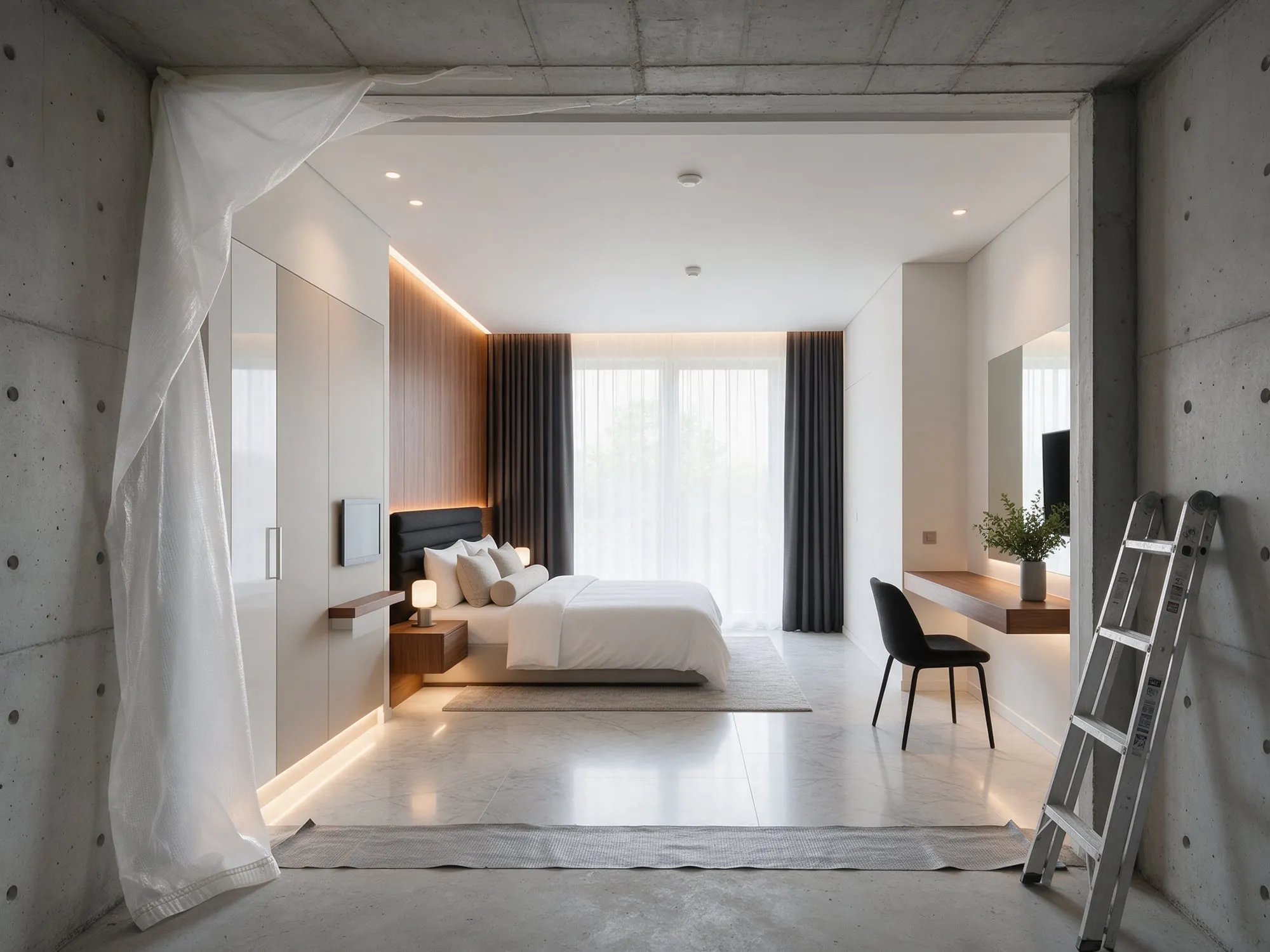 İnşaatı süren binada beton koridordan görünen, gardırobu, ceviz başlık paneli ve çalışma masası tamamlanmış numune otel odası