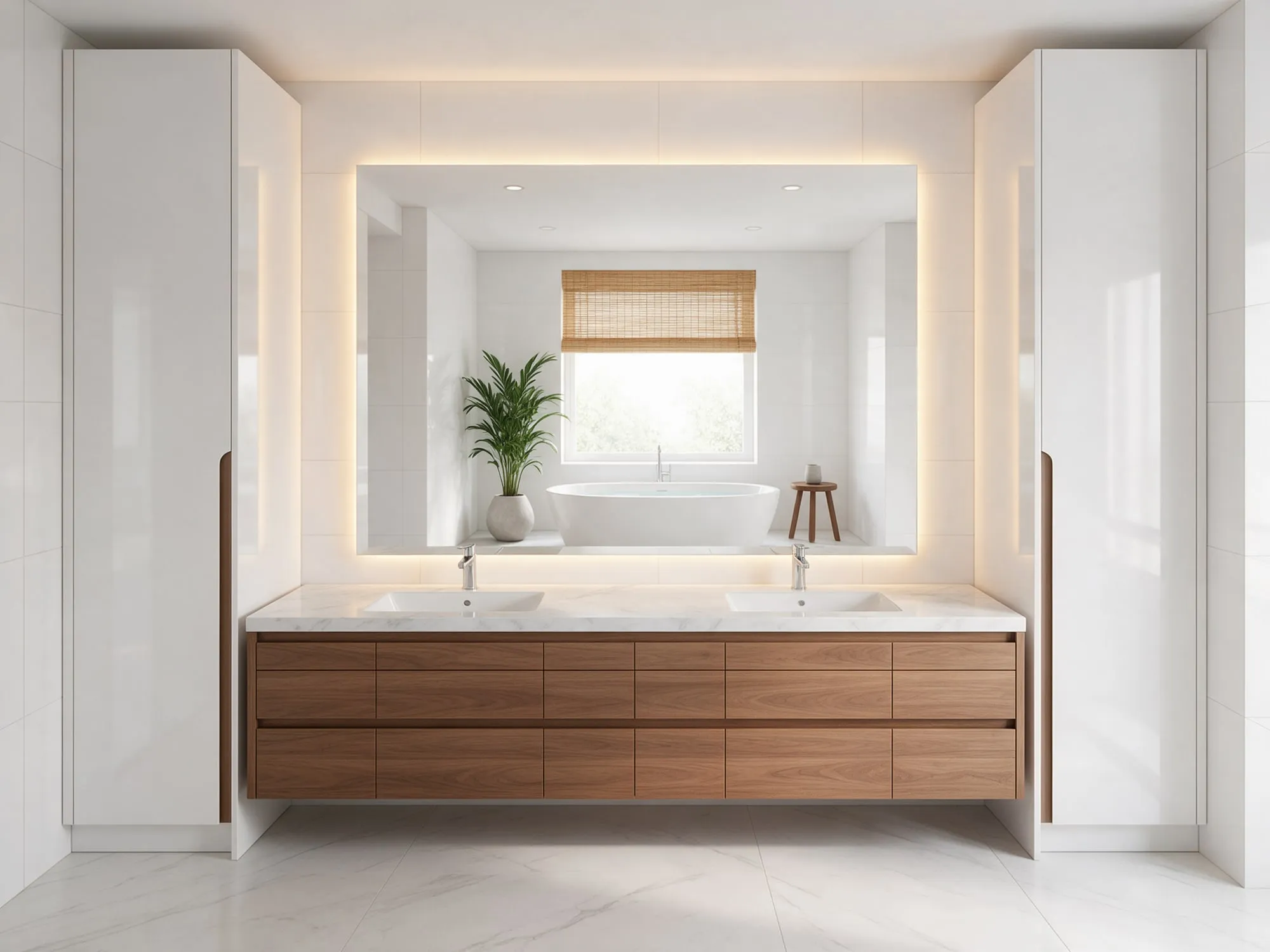 Çift lavabolu ceviz dolap, iki yanda beyaz boy dolapları ve pencere önünde küvet olan geniş banyo
