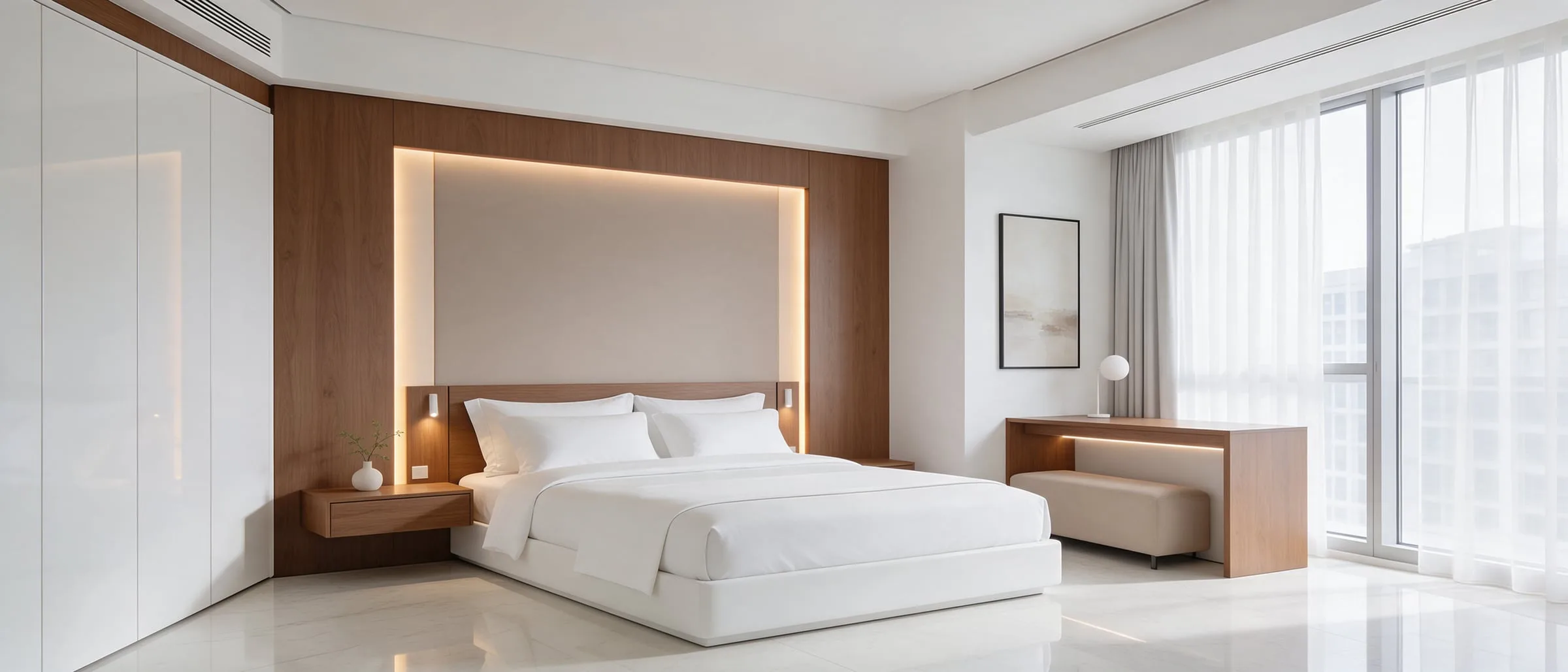 Ceviz başlık duvarı ve gizli LED aydınlatmalı otel odası, tavana kadar beyaz gardırop, ceviz çalışma masası ve büyük pencere