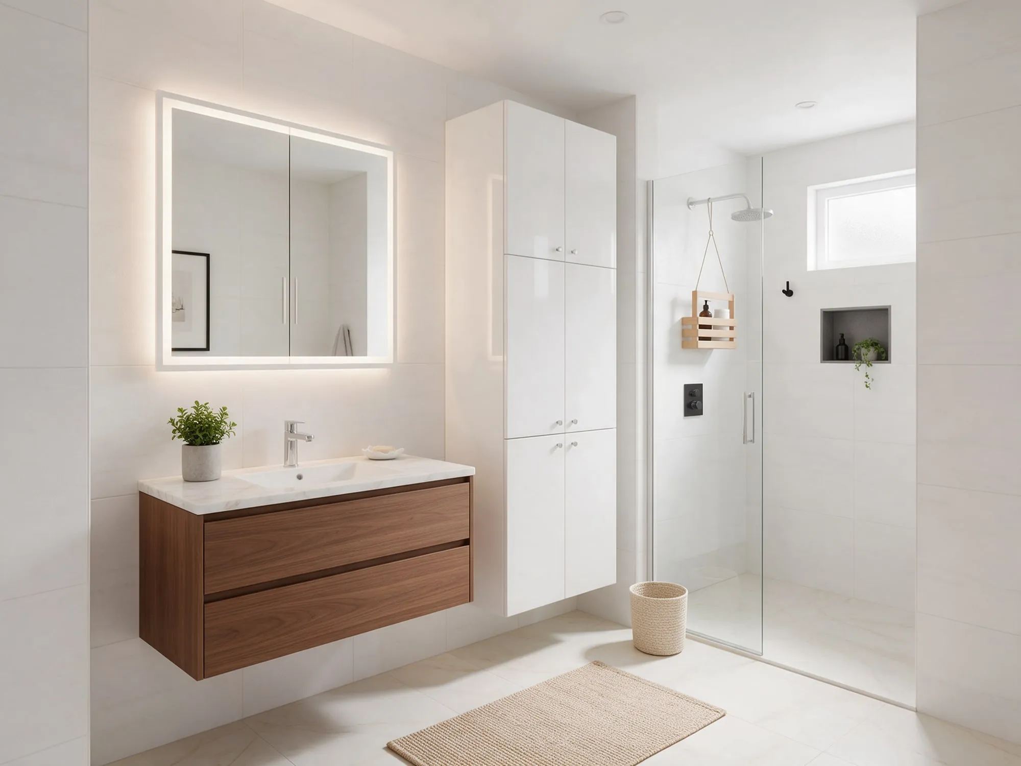 Ceviz asma lavabo dolabı, ince beyaz boy dolabı ve aydınlatmalı aynası olan küçük banyo
