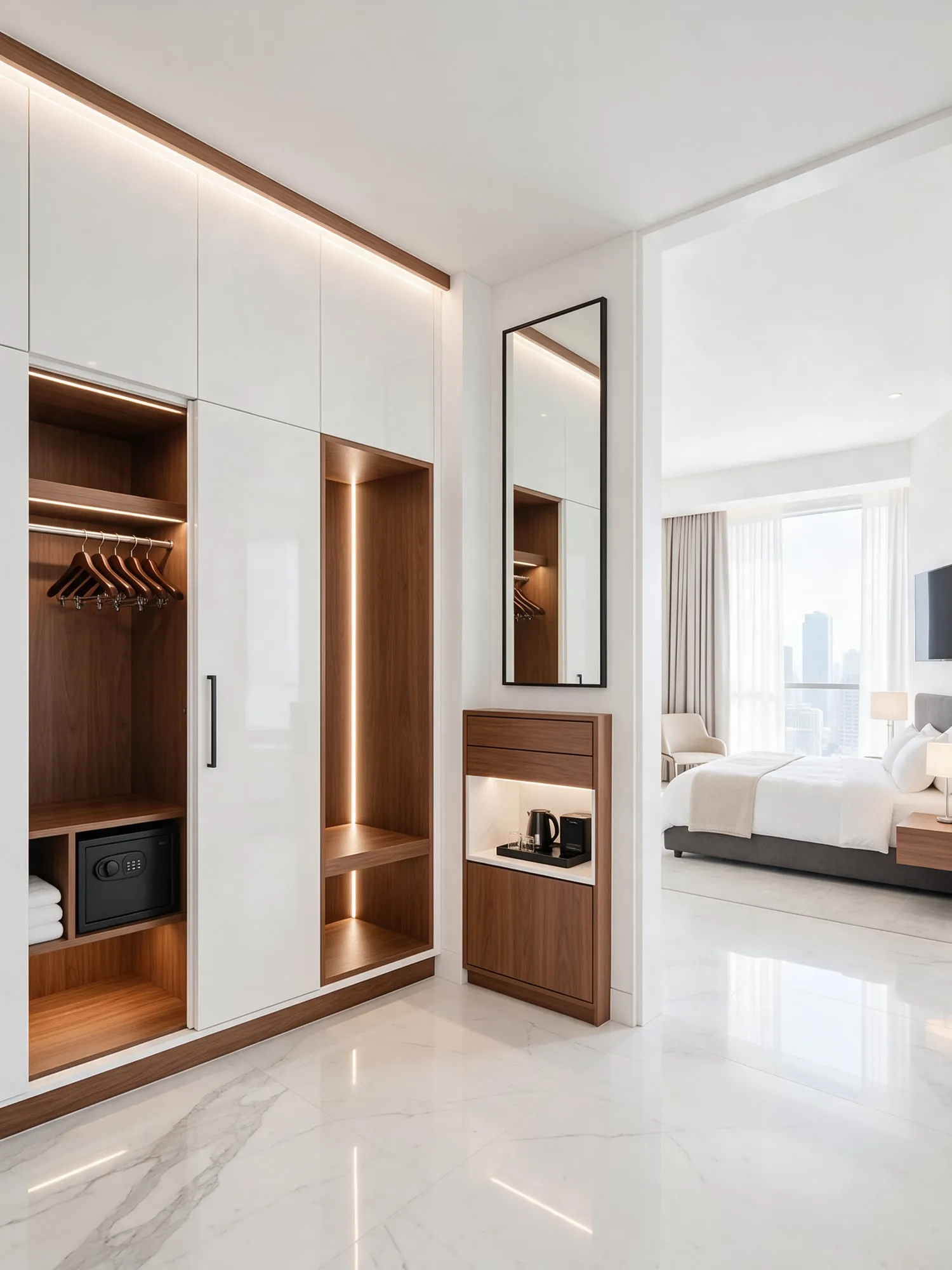 Otel odası girişinde beyaz gömme dolap, ceviz iç gövdede askı ve kasa, ceviz mini bar ünitesi ve ayna; ileride yatak odası